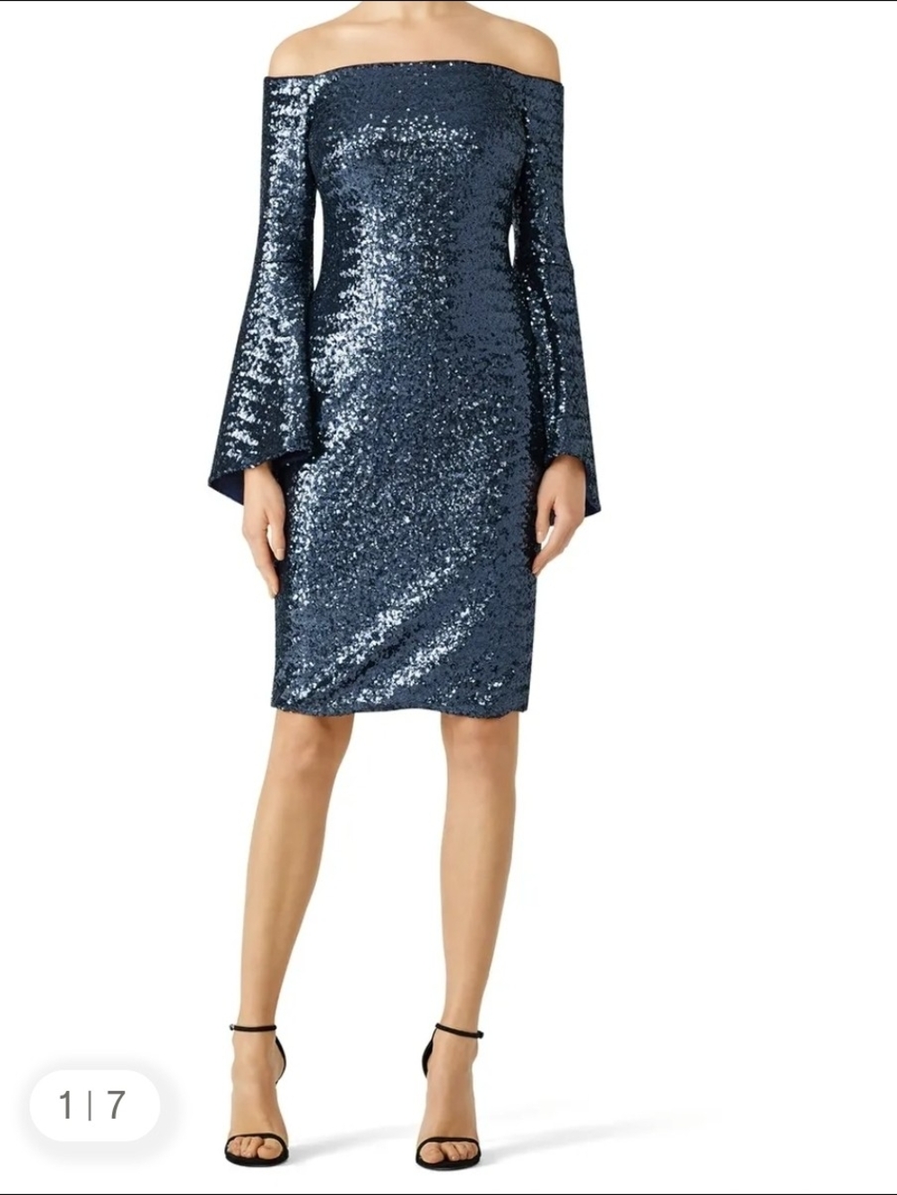 Theia Navy Sequin Off-Shoulder Cocktail Dress